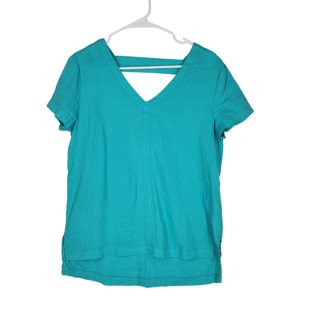 C&C California Womens XS Turquoise 100% Linen V-Neck Cutout Back Top Slit Hem